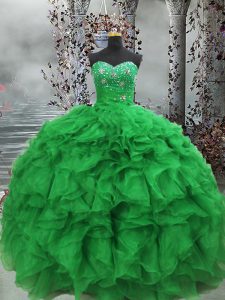 Green Sweetheart Neckline Beading and Ruffles Vestidos de Quinceanera Sleeveless Lace Up