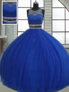 New Arrival Royal Blue Ball Gowns Tulle Scoop Sleeveless Beading and Sequins Floor Length Clasp Handle Sweet 16 Dresses