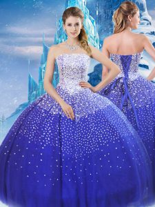 Custom Designed Blue Tulle Lace Up 15th Birthday Dress Sleeveless Floor Length Beading