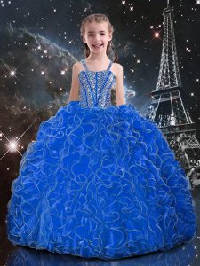 High Class Blue Sleeveless Beading and Ruffles Floor Length Pageant Dress Toddler