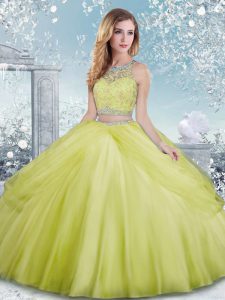 Yellow Green Ball Gowns Beading Vestidos de Quinceanera Clasp Handle Tulle Sleeveless Floor Length
