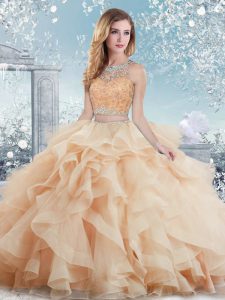 Floor Length Peach Quinceanera Dress Scoop Sleeveless Clasp Handle