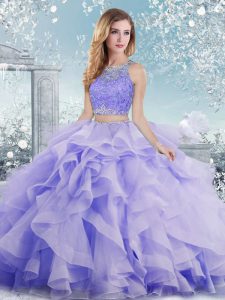 Sleeveless Floor Length Beading and Ruffles Clasp Handle Quinceanera Gown with Lavender