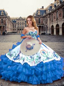 Custom Made Blue And White Ball Gowns Embroidery and Ruffled Layers Vestidos de Quinceanera Lace Up Organza and Taffeta Sleeveless Floor Length