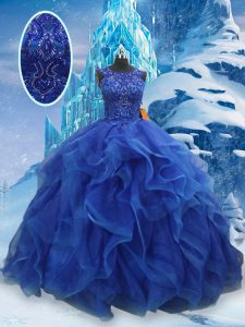 Beading and Ruffles 15th Birthday Dress Blue Lace Up Sleeveless Floor Length