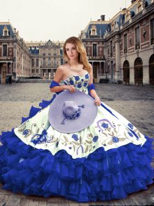 Exquisite Sleeveless Floor Length Embroidery and Ruffled Layers Lace Up Quinceanera Dresses with Royal Blue