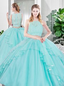 Artistic Aqua Blue Zipper Scoop Lace and Ruffled Layers Quinceanera Dress Tulle Sleeveless