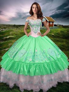 Green Taffeta Lace Up Quince Ball Gowns Sleeveless Floor Length Beading and Embroidery and Ruffled Layers