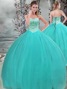 Custom Design Floor Length Lace Up 15 Quinceanera Dress Turquoise for Military Ball and Sweet 16 and Quinceanera with Beading