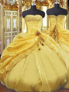 Gorgeous Gold Quinceanera Dresses Military Ball and Sweet 16 and Quinceanera with Beading and Pick Ups Strapless Sleeveless Lace Up