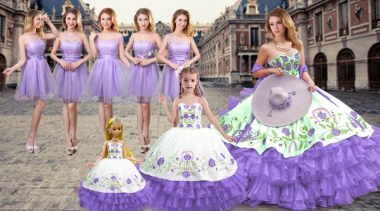 Charming Lavender Sleeveless Embroidery and Ruffled Layers Floor Length Quinceanera Gown