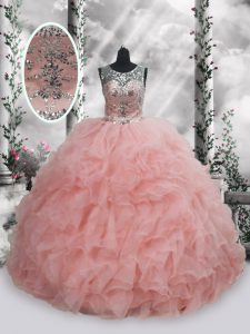 Baby Pink Ball Gowns Scoop Sleeveless Organza Floor Length Lace Up Beading and Ruffles 15th Birthday Dress