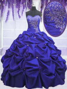Popular Navy Blue Ball Gowns Beading and Pick Ups Ball Gown Prom Dress Lace Up Taffeta Sleeveless Floor Length