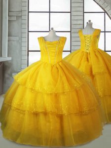 Gold Sleeveless Floor Length Ruffled Layers Lace Up Pageant Dresses