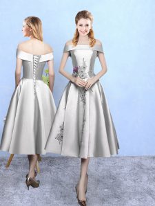 Extravagant Tea Length A-line Sleeveless Silver Quinceanera Court of Honor Dress Lace Up