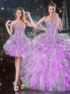 Lilac Sweetheart Lace Up Beading and Ruffles Sweet 16 Dress Sleeveless