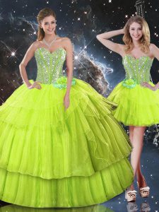 Customized Floor Length Ball Gowns Sleeveless Yellow Green Quinceanera Dresses Lace Up