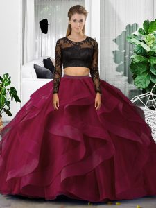 Superior Fuchsia Two Pieces Tulle Scoop Long Sleeves Lace and Ruffles Floor Length Backless Quinceanera Dresses