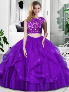 Best Purple Sweet 16 Dress Military Ball and Sweet 16 and Quinceanera with Lace and Ruffles Scoop Sleeveless Zipper