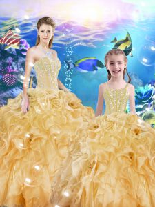 Delicate Gold Sleeveless Floor Length Beading and Ruffles Lace Up Sweet 16 Dress