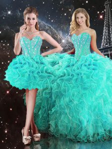 Sweetheart Sleeveless Organza 15 Quinceanera Dress Beading and Ruffles Lace Up
