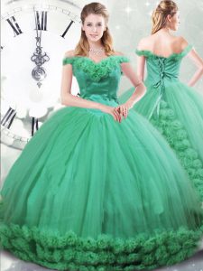 Lace Up Quince Ball Gowns Turquoise for Military Ball and Sweet 16 and Quinceanera with Hand Made Flower Brush Train