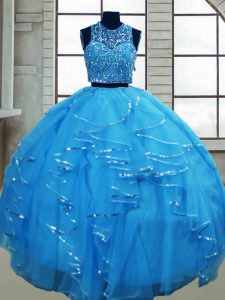 Vintage Baby Blue Lace Up Scoop Beading and Ruffles Sweet 16 Dress Tulle Sleeveless