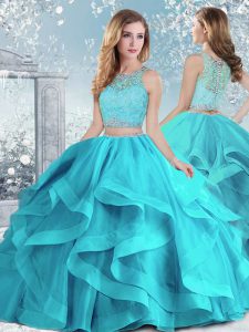 Aqua Blue Scoop Neckline Beading and Ruffles Quinceanera Gowns Sleeveless Clasp Handle