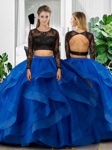 Beauteous Floor Length Two Pieces Long Sleeves Blue Quinceanera Dresses Backless