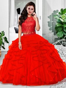 Two Pieces Quinceanera Dress Red Halter Top Tulle Sleeveless Floor Length Zipper