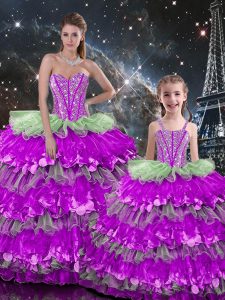 Dynamic Sleeveless Floor Length Beading and Ruffles Lace Up Quinceanera Dress with Multi-color