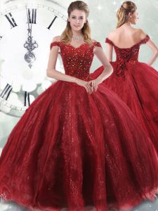 Latest Wine Red Sleeveless Tulle Brush Train Lace Up 15th Birthday Dress for Military Ball and Sweet 16 and Quinceanera