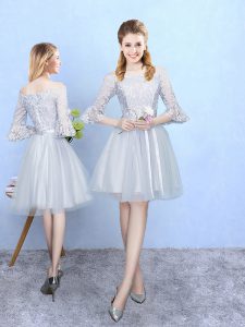 Fabulous Half Sleeves Tulle With Train Lace Up Quinceanera Court Dresses in Silver with Lace