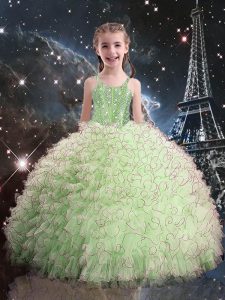 Floor Length Lace Up Pageant Dress Yellow Green for Quinceanera and Wedding Party with Beading and Ruffles