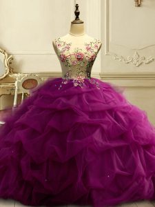Ball Gowns Quinceanera Dresses Fuchsia Scoop Organza Sleeveless Floor Length Lace Up