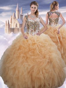 Modest Champagne Lace Up Vestidos de Quinceanera Beading and Ruffles Sleeveless Floor Length