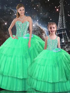 Apple Green Sleeveless Organza Lace Up Sweet 16 Dress for Military Ball and Sweet 16 and Quinceanera