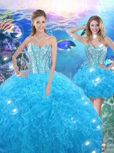 Baby Blue Ball Gowns Beading and Ruffles Sweet 16 Quinceanera Dress Lace Up Organza Sleeveless Floor Length