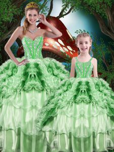 Exquisite Green Ball Gowns Sweetheart Sleeveless Organza Floor Length Lace Up Beading and Ruffles and Ruffled Layers 15th Birthday Dress
