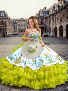 Yellow Green Organza and Taffeta Lace Up Quinceanera Gowns Sleeveless Floor Length Embroidery and Ruffled Layers