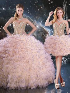 Customized Sleeveless Organza Floor Length Lace Up Quinceanera Gown in Peach with Beading and Ruffles