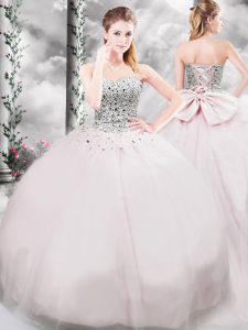 Pink Sweetheart Lace Up Beading and Bowknot Ball Gown Prom Dress Brush Train Sleeveless