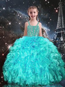 Best Sleeveless Floor Length Beading and Ruffles Lace Up Pageant Dress with Aqua Blue