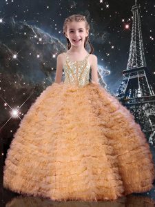 Beauteous Sleeveless Lace Up Floor Length Beading and Ruffled Layers Little Girls Pageant Dress