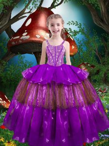 Graceful Eggplant Purple Lace Up Pageant Dress for Womens Beading and Ruffled Layers Sleeveless Floor Length
