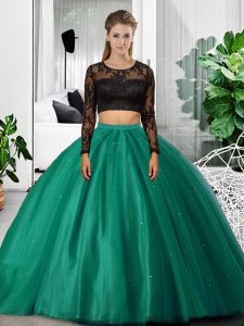 Long Sleeves Backless Floor Length Lace and Ruching Sweet 16 Dress