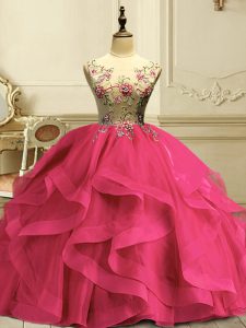 Edgy Hot Pink Organza Lace Up Scoop Sleeveless Floor Length Quinceanera Gown Appliques and Ruffles
