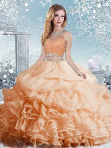 Peach Scoop Neckline Beading and Ruffles and Pick Ups Quinceanera Gowns Sleeveless Clasp Handle