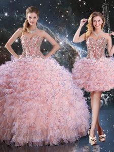 Comfortable Sleeveless Organza Floor Length Lace Up Quinceanera Gowns in Baby Pink with Beading and Ruffles