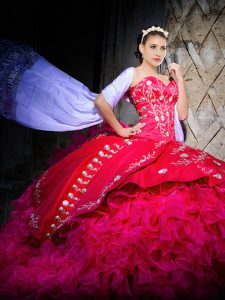 Charming Hot Pink Organza Lace Up Quince Ball Gowns Sleeveless Brush Train Embroidery and Ruffles